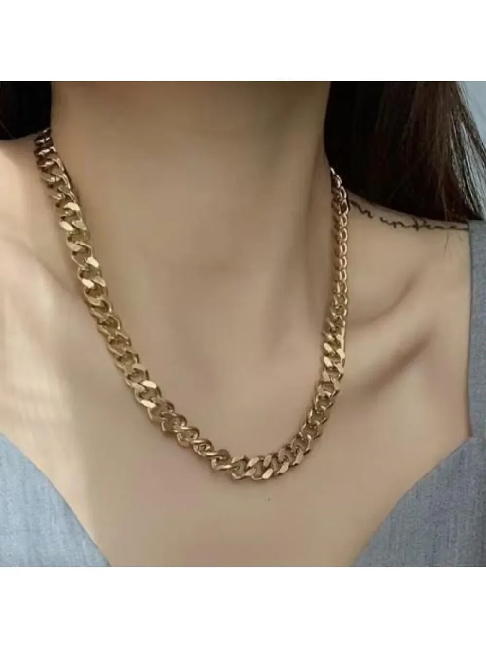 Stainless Steel Golden 9mm Choker Necklace, Six-Sided Polished Clavicle Chain